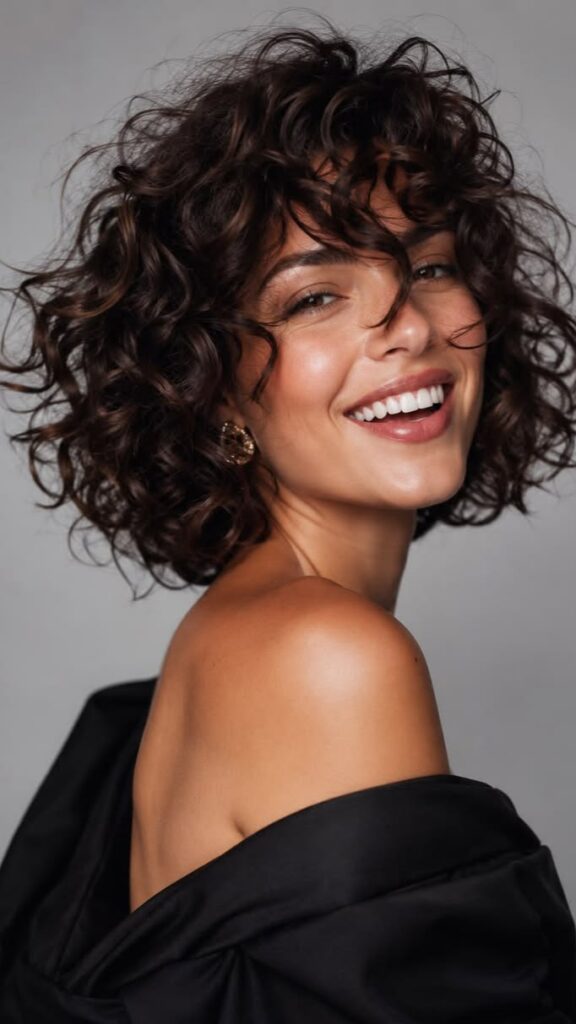 Jolie jeune femme fond studio souriante et cheveux bouclés Plan américain